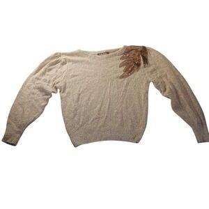VTG Raoul Petites Silk Angora Knit Sweater M Beaded‎ Leaf Shoulder Hong Kong